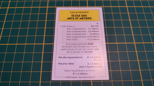 Titre de propriété Ecole des arts et métiers pièce détachée jeu de société Monopoly Et si le Monopoly était inventé aujourd'hui #C22