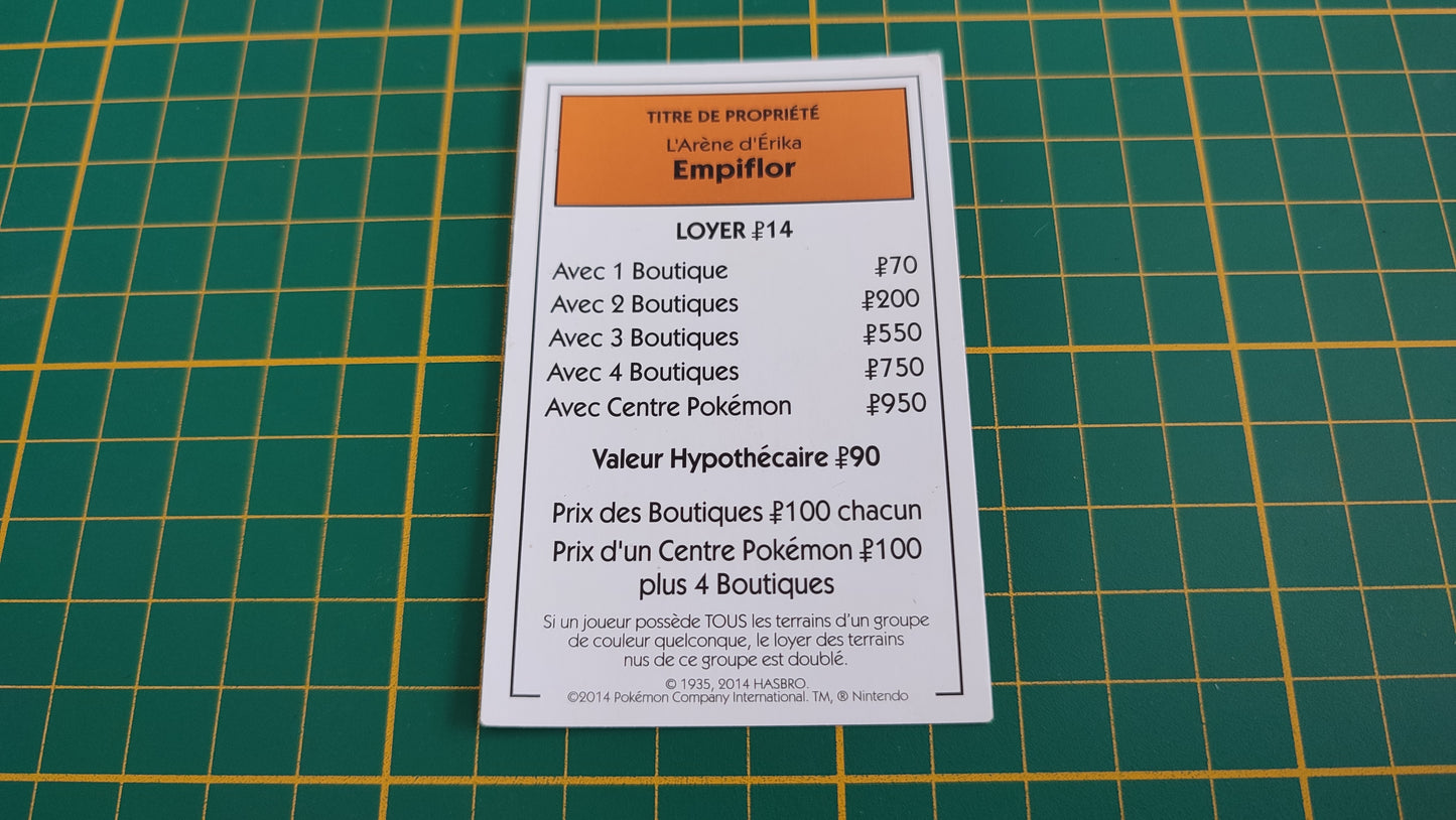 Titre de propriété Empiflor pièce détachée jeu de société Monopoly Pokémon édition de Kanto #C43