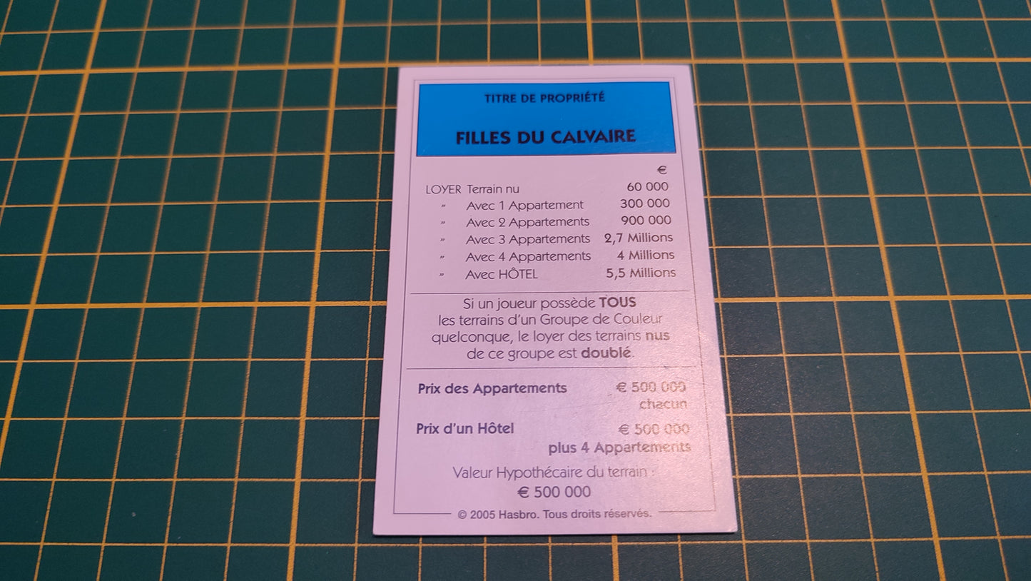 Titre de propriété Filles du Calvaire pièce détachée jeu de société Monopoly Et si le Monopoly était inventé aujourd'hui #C22