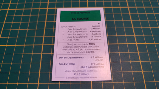 Titre de propriété La Bourse pièce détachée jeu de société Monopoly Et si le Monopoly était inventé aujourd'hui #C22