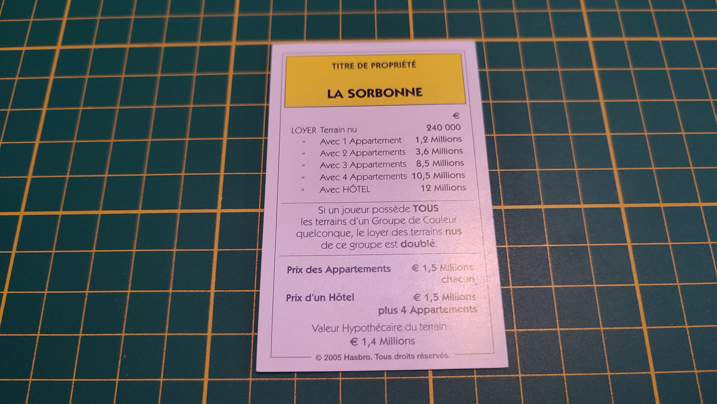 Titre de propriété La Sorbonne pièce détachée jeu de société Monopoly Et si le Monopoly était inventé aujourd'hui #C22