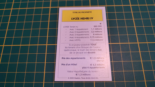 Titre de propriété Lycée Henry IV pièce détachée jeu de société Monopoly Et si le Monopoly était inventé aujourd'hui #C22