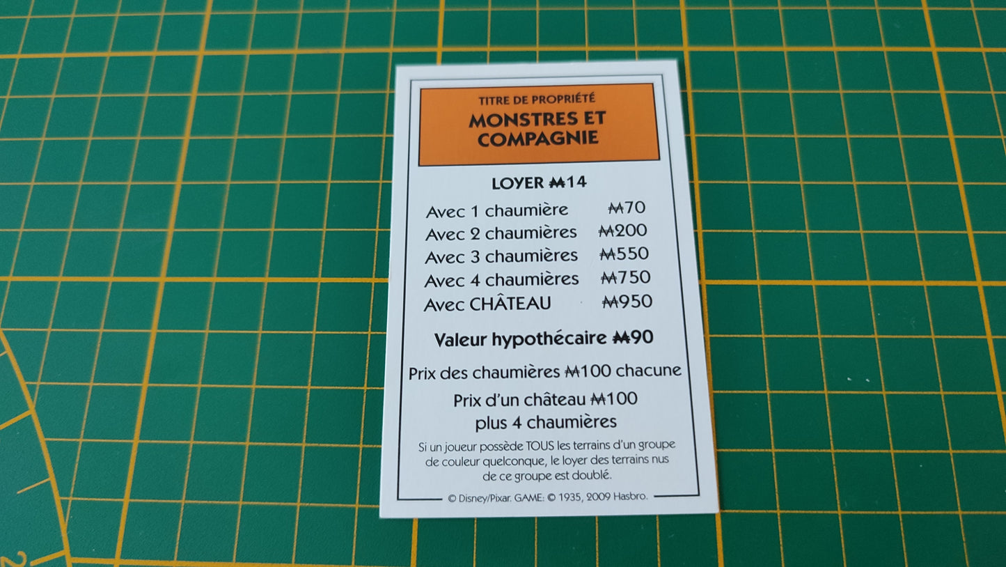 Titre de propriété Monstre et compagnie pièce détachée jeu de société Monopoly Disney éditions Hasbro #B94