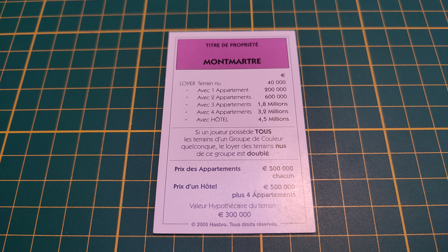 Titre de propriété Montmartre pièce détachée jeu de société Monopoly Et si le Monopoly était inventé aujourd'hui #C22