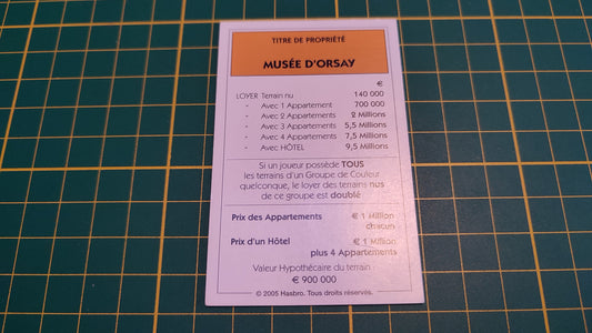 Titre de propriété Musée d'Orsay pièce détachée jeu de société Monopoly Et si le Monopoly était inventé aujourd'hui #C22