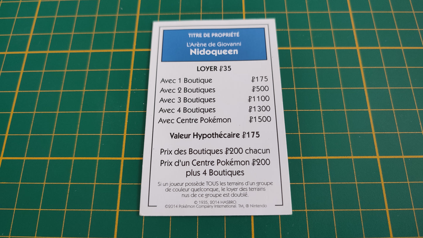 Titre de propriété Nidoqueen pièce détachée jeu de société Monopoly Pokémon édition de Kanto #C43