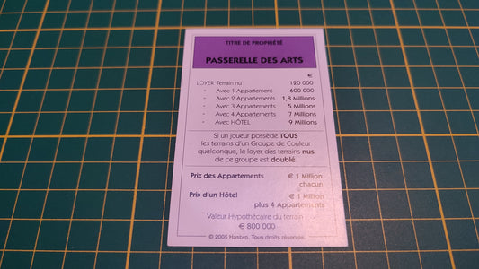 Titre de propriété Passerelle des arts pièce détachée jeu de société Monopoly Et si le Monopoly était inventé aujourd'hui #C22