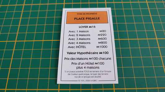 Titre de propriété Place Pigalle pièce détachée jeu de société Monopoly parties rapides Hasbro #C25