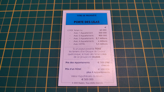 Titre de propriété Porte des lilas pièce détachée jeu de société Monopoly Et si le Monopoly était inventé aujourd'hui #C22