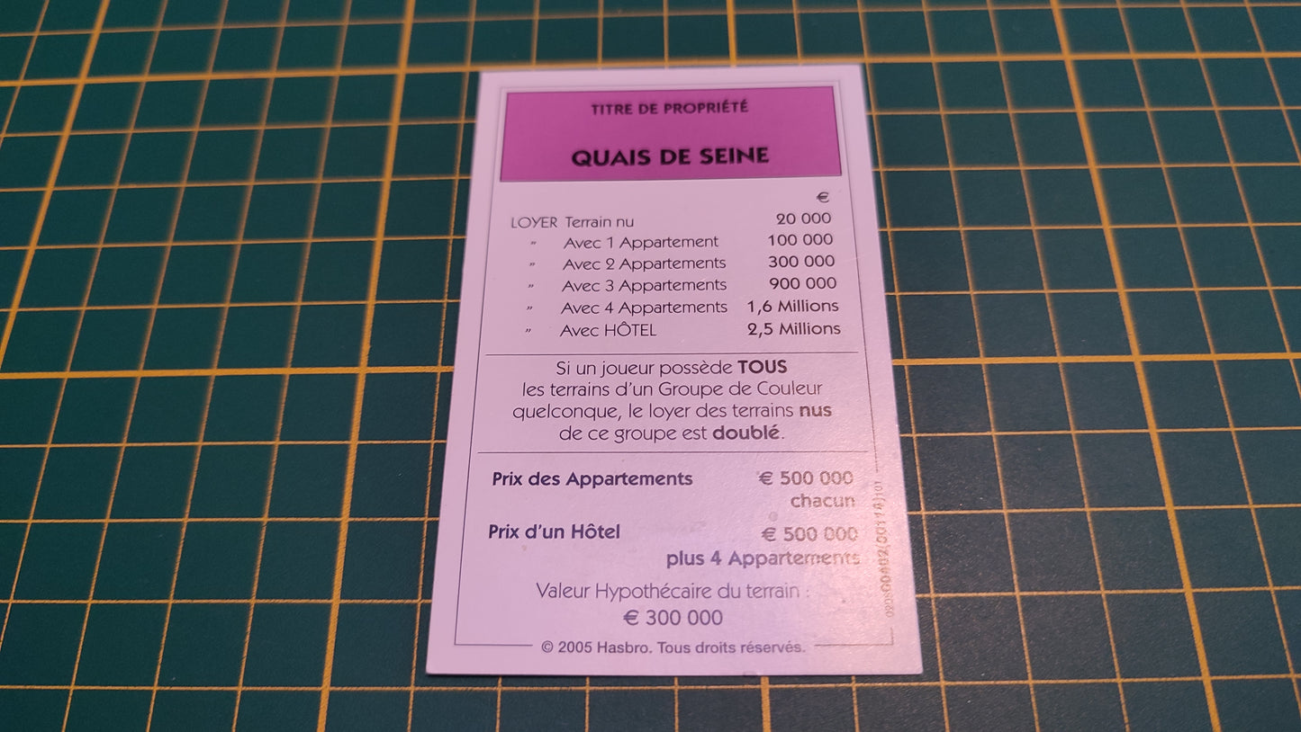 Titre de propriété Quais de seine pièce détachée jeu de société Monopoly Et si le Monopoly était inventé aujourd'hui #C22