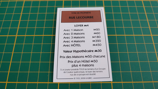 Titre de propriété Rue Lecourbe pièce détachée jeu de société Monopoly parties rapides Hasbro #C25