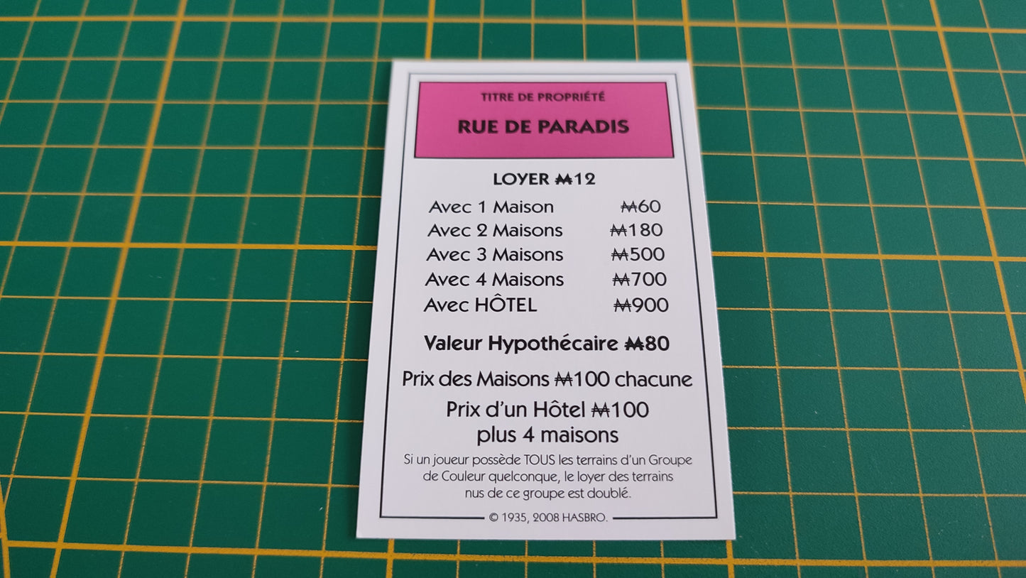 Titre de propriété Rue de Paradis pièce détachée jeu de société Monopoly parties rapides Hasbro #C25