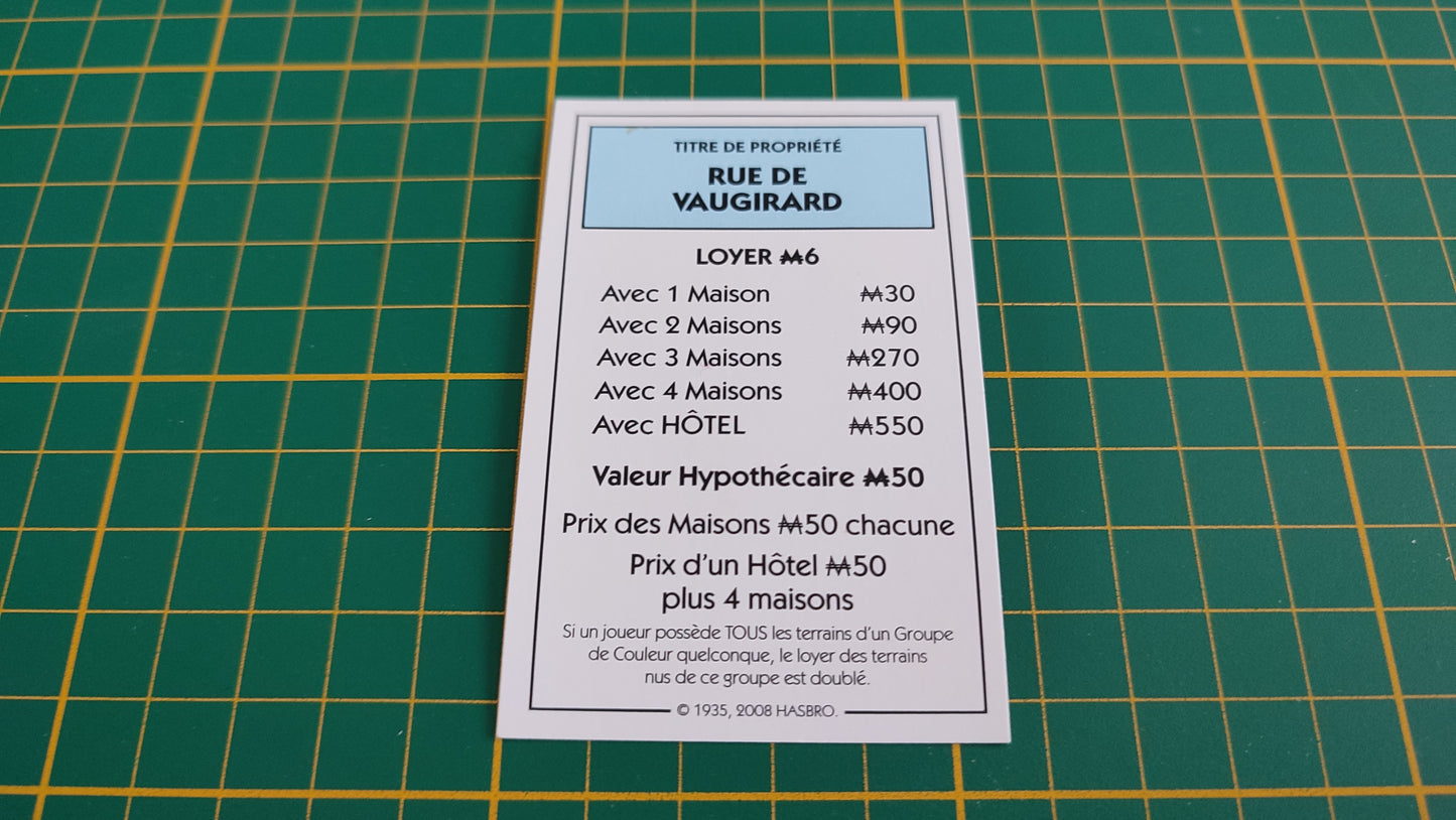 Titre de propriété Rue de Vaugirard pièce détachée jeu de société Monopoly parties rapides Hasbro #C25