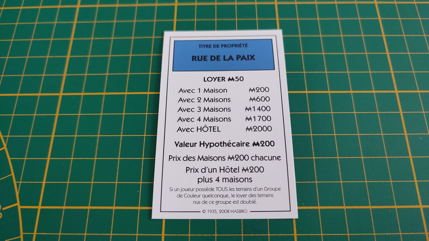 Titre de propriété Rue de la paix pièce détachée jeu de société Monopoly parties rapides Hasbro #C25