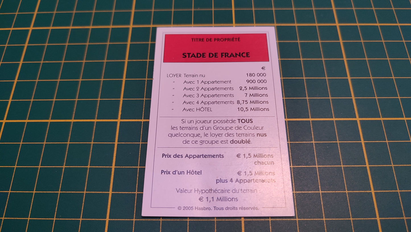 Titre de propriété Stade de France pièce détachée jeu de société Monopoly Et si le Monopoly était inventé aujourd'hui #C22