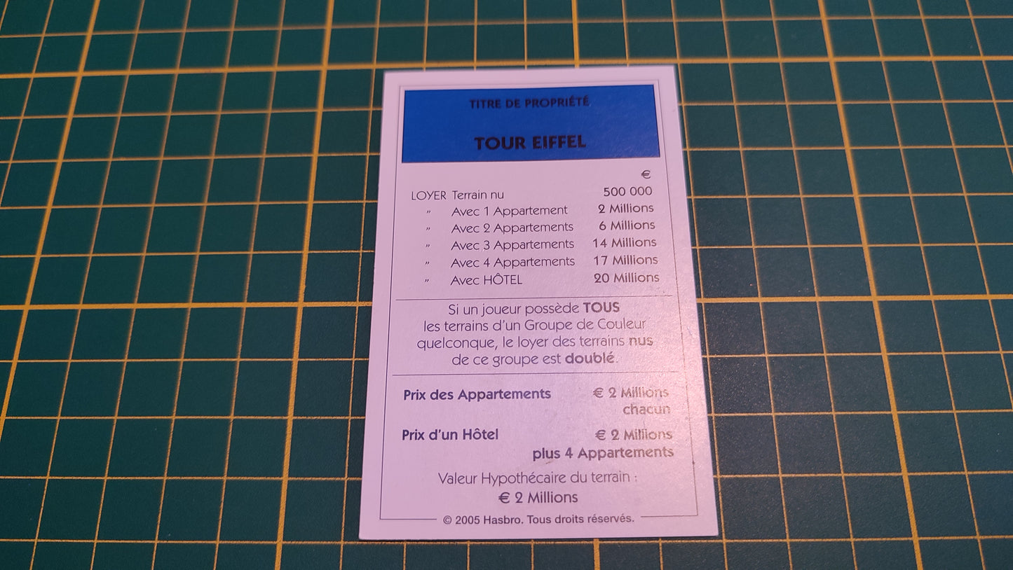 Titre de propriété Tour Eiffel pièce détachée jeu de société Monopoly Et si le Monopoly était inventé aujourd'hui #C22